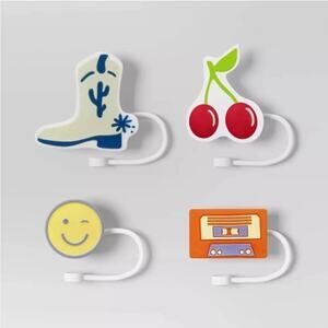 Room Essentials Silicone Straw Toppers 4 Pk Cassette/Cowboy Boot/Cherry/WinkFace